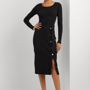 Vestido midi preto com botões e fenda da Lauren Ralph Lauren