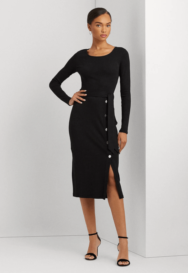 Vestido midi preto com botões e fenda da Lauren Ralph Lauren